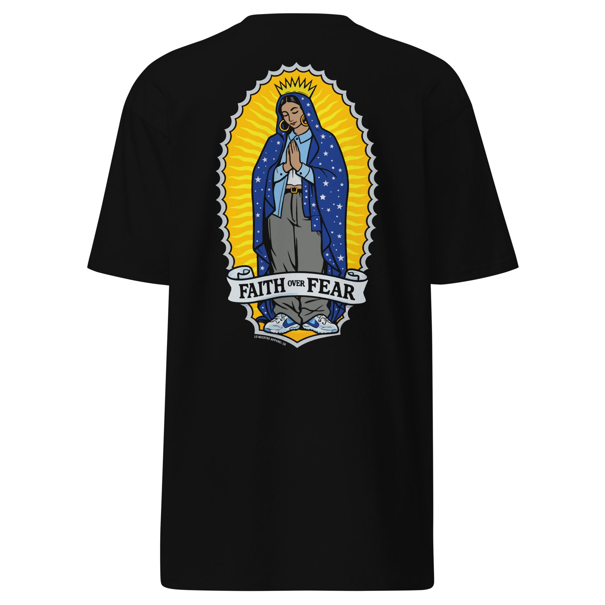 Back view of black Faith Over Fear t-shirt on a white background