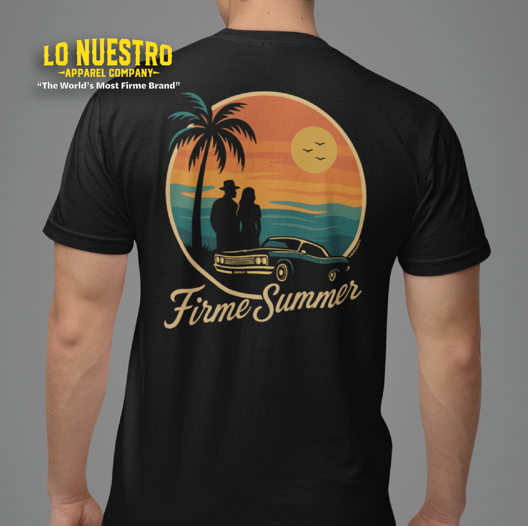Back view of a black t-shirt featuring a vintage-style sunset graphic with a lowrider, palm trees, and a couple silhouette above the text Firme Summer.