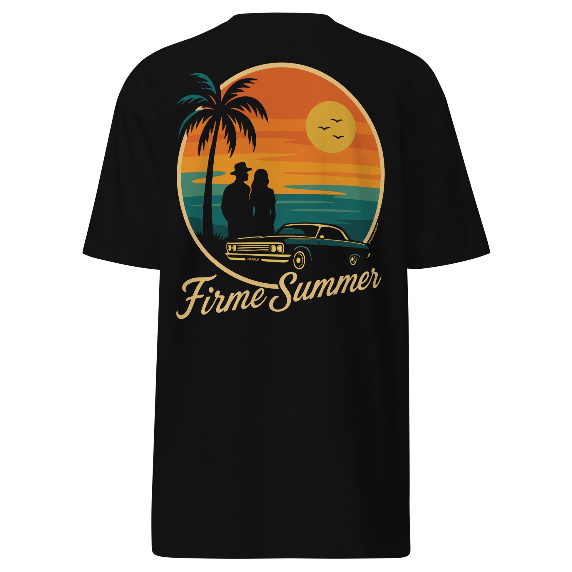  Back of black t-shirt with vintage Firme Summer graphic—sunset, lowrider, couple silhouette, palm trees—on a clean white background.