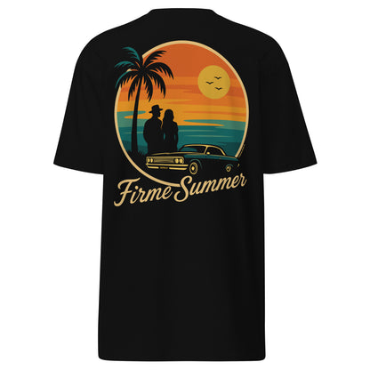  Back of black t-shirt with vintage Firme Summer graphic—sunset, lowrider, couple silhouette, palm trees—on a clean white background.