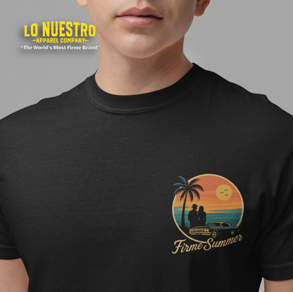 Front view of a black t-shirt with a small chest print showing a vintage sunset design, lowrider, palm trees, and couple silhouette, with the words Firme Summer.