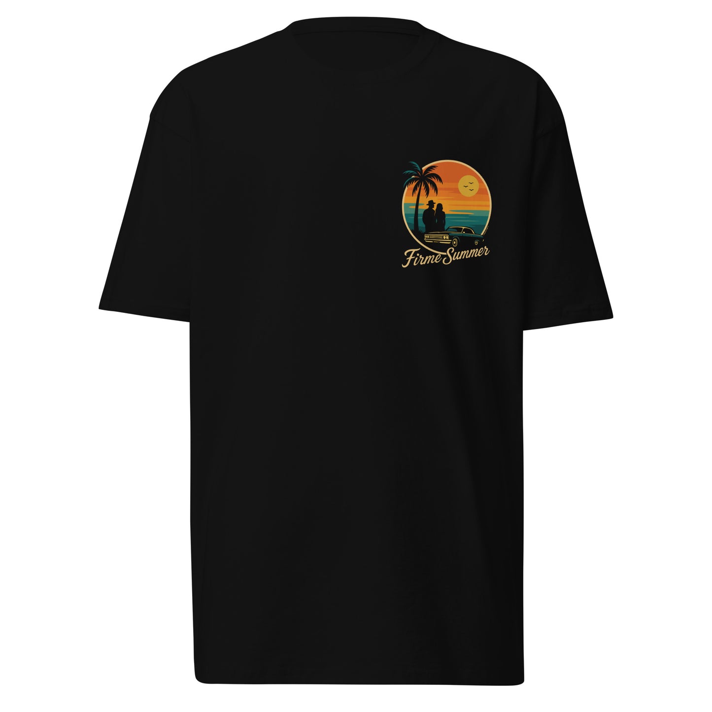  Front of black t-shirt with small Firme Summer chest print showing a lowrider, couple, and palm trees under a sunset, set against a white background.