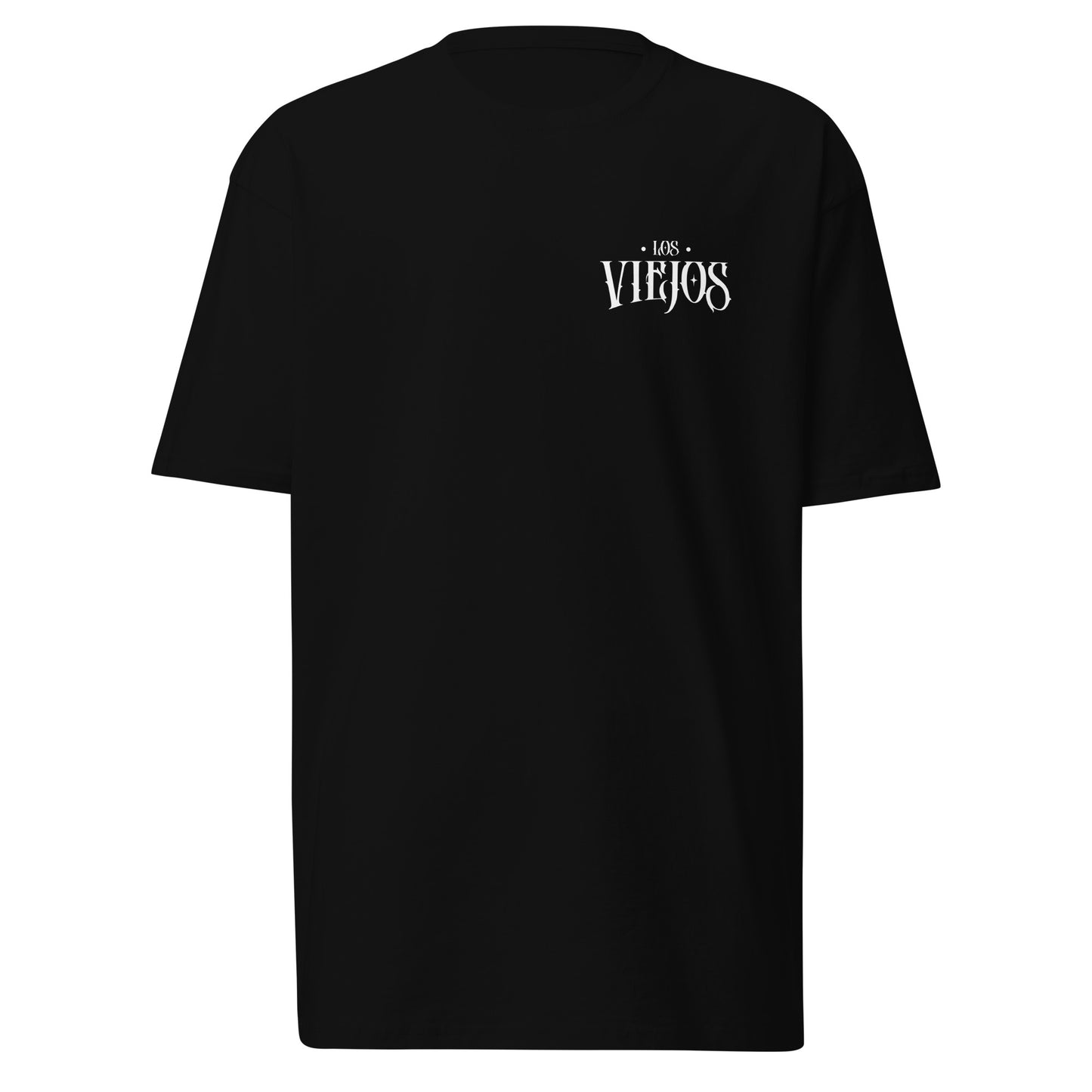 Front view of black Los Viejos T-shirt featuring a small chest print. The best in Chicano Shirts and Chicano Clothing.