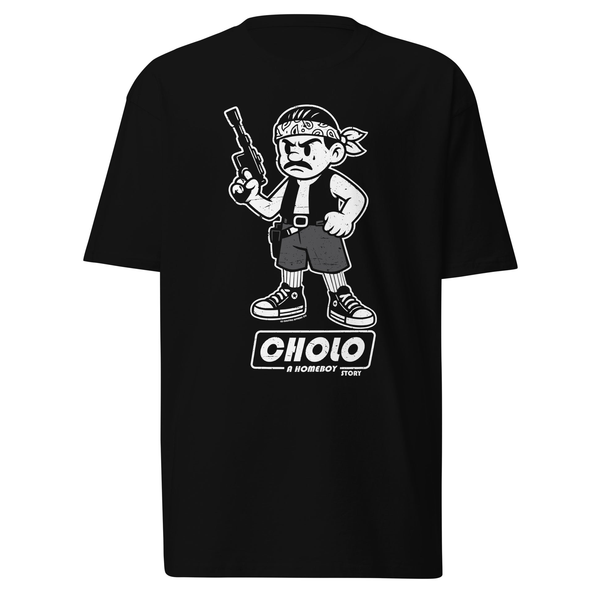 Funny Mexican shirt on a white background with a cholo parody character in high-tops holding a space-themed blaster.