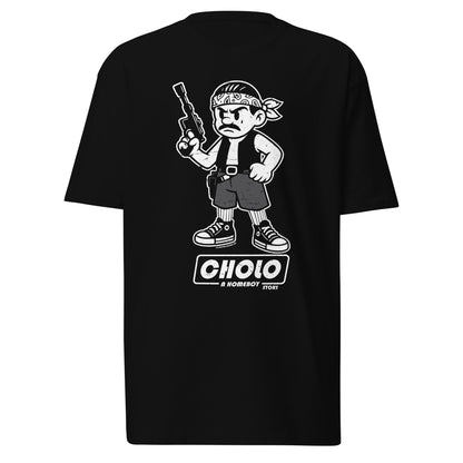 Funny Mexican shirt on a white background with a cholo parody character in high-tops holding a space-themed blaster.