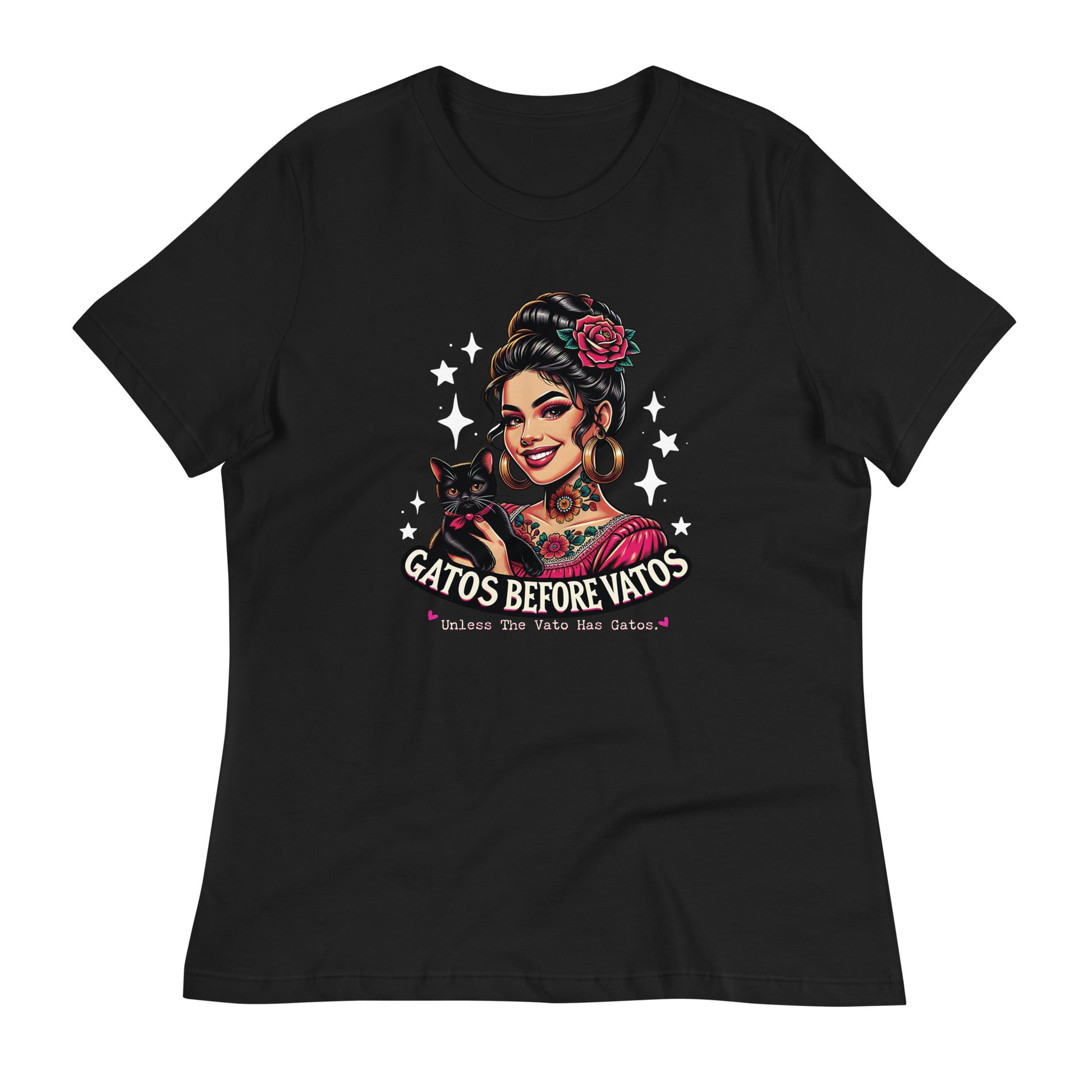 Gatos Before Vatos T-Shirt – Funny cat lovers tee with a playful phrase, perfect for those who put their felines first and the best chicano clothing and chicano style.