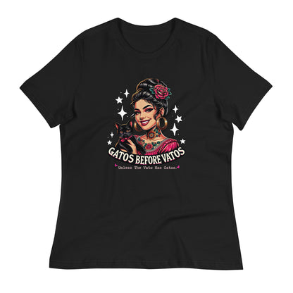 Gatos Before Vatos T-Shirt – Funny cat lovers tee with a playful phrase, perfect for those who put their felines first and the best chicano clothing and chicano style.