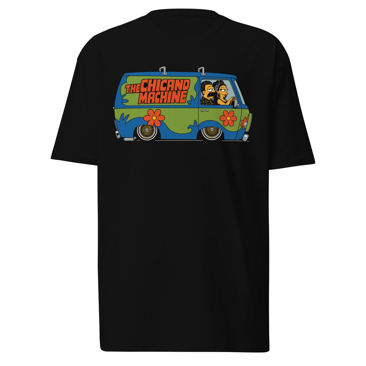 The Chicano Machine graphic printed on a black T-shirt featuring a colorful custom van with retro lettering.
