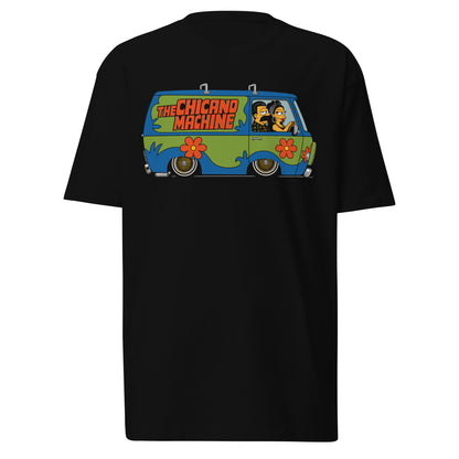 The Chicano Machine graphic printed on a black T-shirt featuring a colorful custom van with retro lettering.