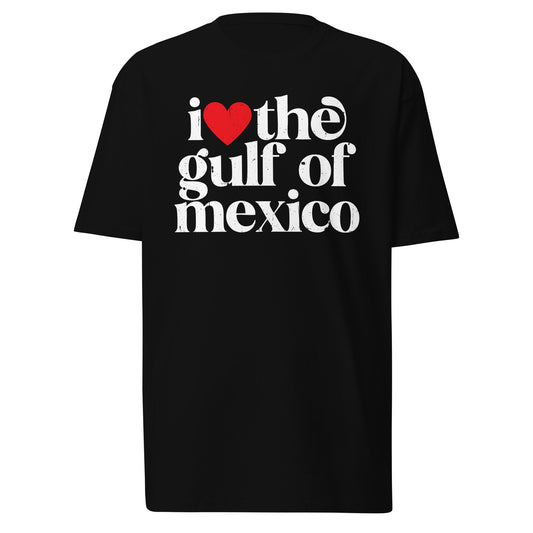 A black, I Love The Gulf Of Mexico T-Shirt on a white background. Part of our Funny Shirts and funny Mexico shirts line of premium men's shirts. Also Part of the Mexican Pride Shirts line.