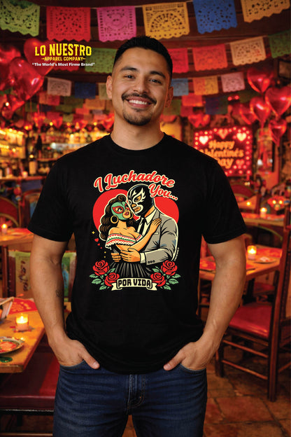 Young man wearing I Luchadore You Por Vida t-shirt in a Mexican restaurant decorated for Valentine’s Day
