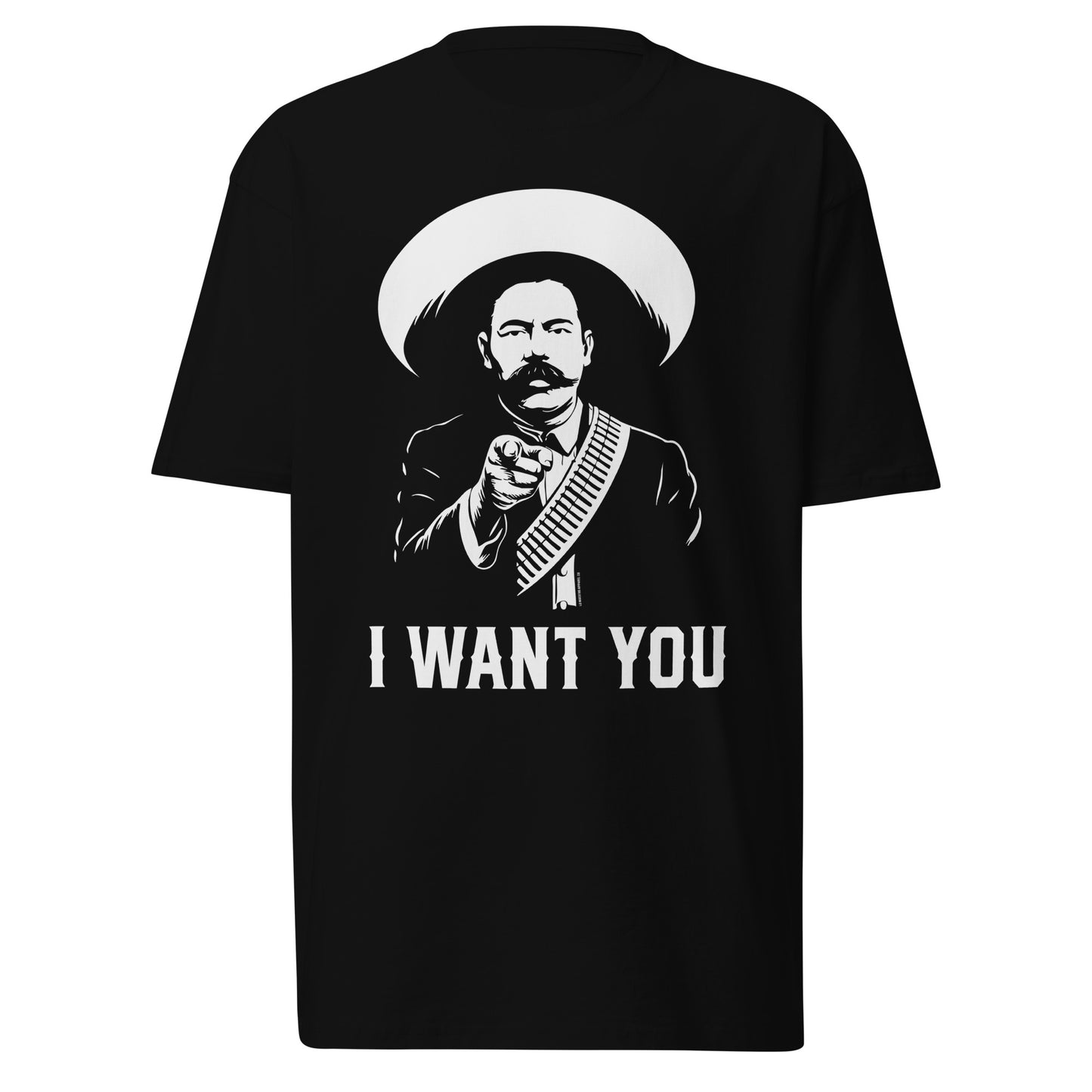 Flat lay of the I Want You graphic t-shirt on a white background, featuring a revolutionary charro figure pointing forward with bold text underneath.