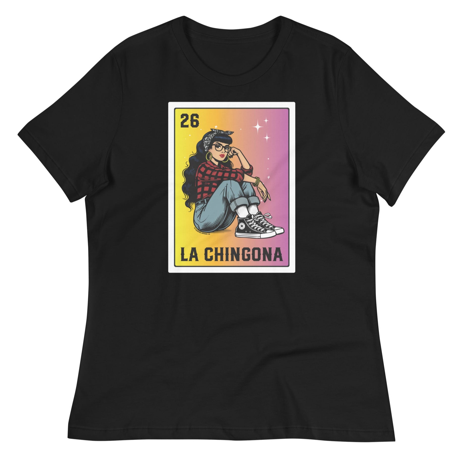 Black "La Chingona" Loteria-style t-shirt featuring a Chicana sitting cross-legged in a red plaid shirt, jeans, and Converse sneakers. Bold retro design with a gradient yellow-to-pink background.