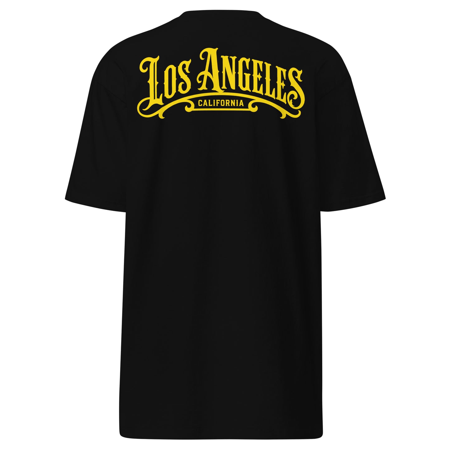 Back view of the Los Angeles Plaque t-shirt on a white background featuring the large back print with vintage plaque style Los Angeles artwork and California lettering underneath.