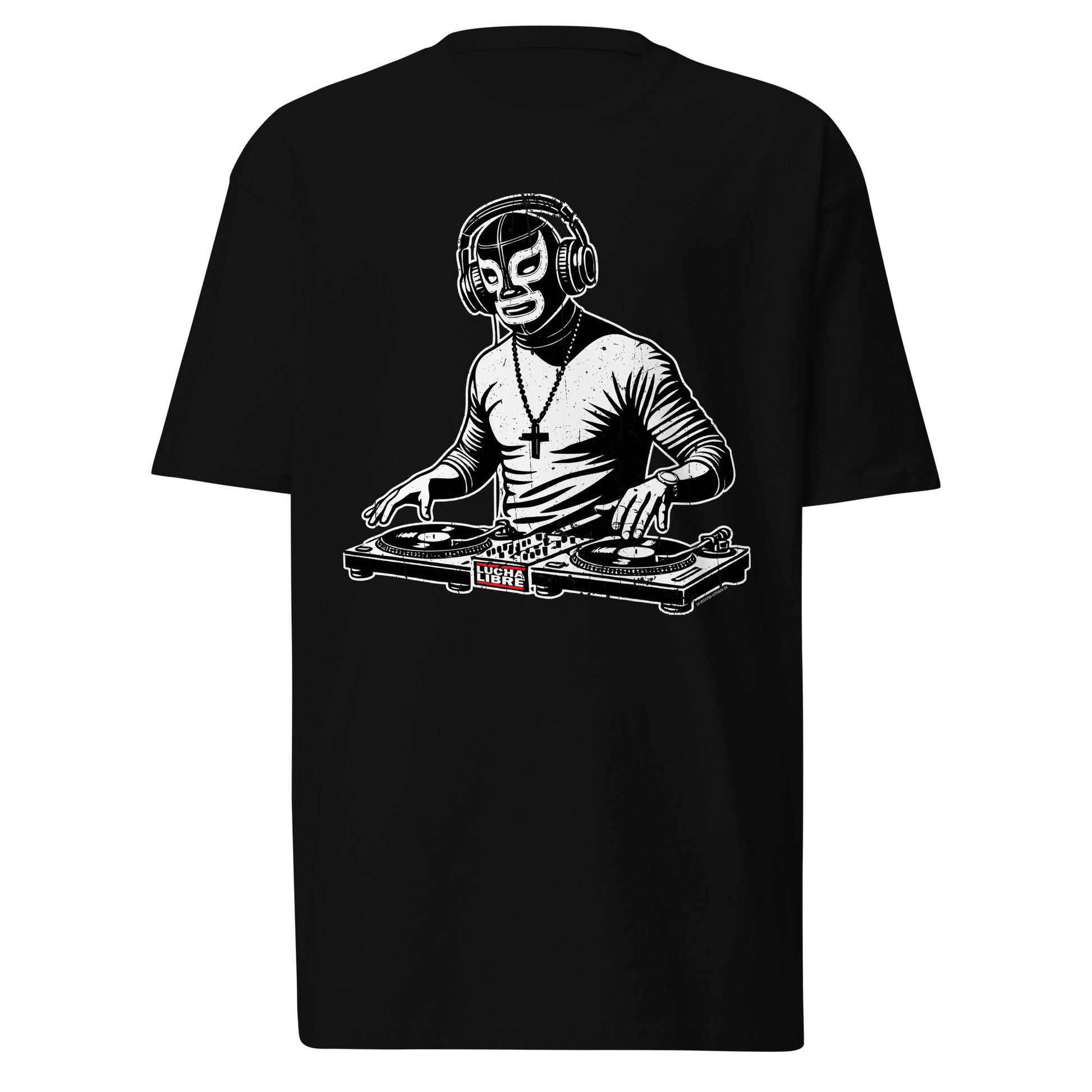 A black Luchador Shirt displayed on a white background, featuring a masked DJ spinning records on turntables. This Funny Mexican Shirt blends Chicano clothing with DJ culture, making it the perfect statement piece for music lovers and lucha fans alike.