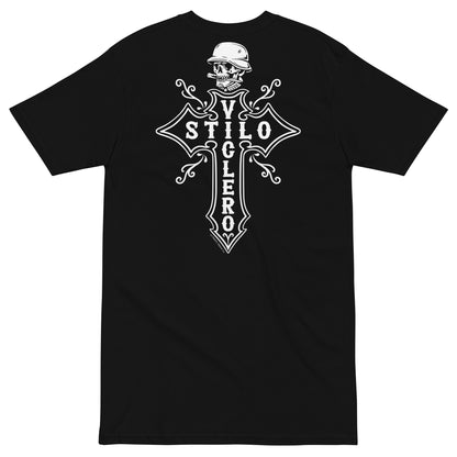 Close-up of the graphic on the "Stilo Viclero" T-shirt showing detailed cross and skull artwork.