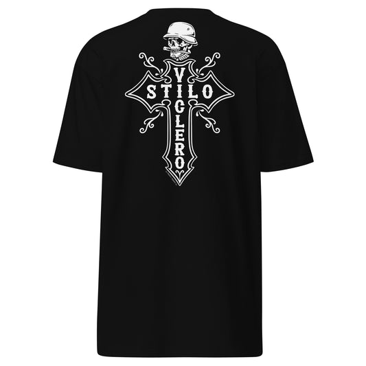 Front view of black "Stilo Viclero" T-shirt featuring a bold cross and skull design.