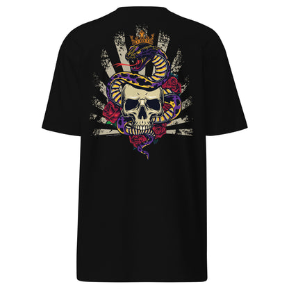 Back view of the G.O.A.T. T-Shirt featuring a crowned snake wrapped around a skull graphic, symbolizing the legendary status of the greatest basketball player.