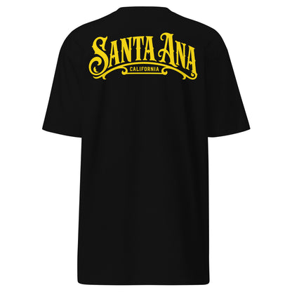 Back view of the Santa Ana Plaque t-shirt on a white background featuring the large back print with vintage plaque style Santa Ana artwork and California text.