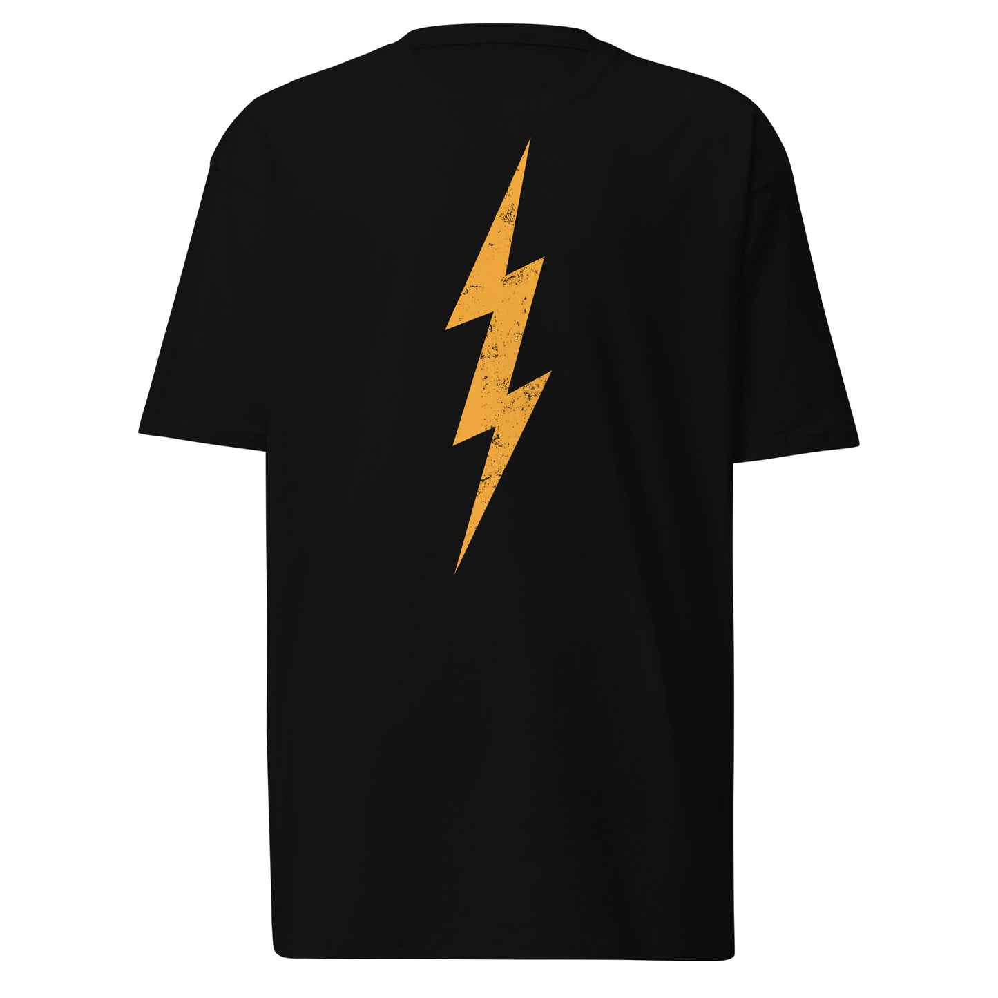 "Lightning Bolt" T-shirt with distressed graphic on black background.