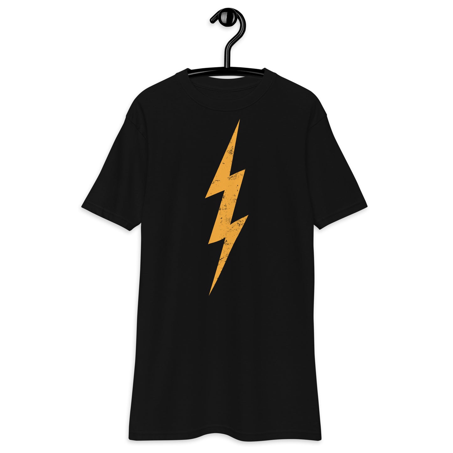 Detailed view of the distressed lightning bolt graphic on black T-shirt.