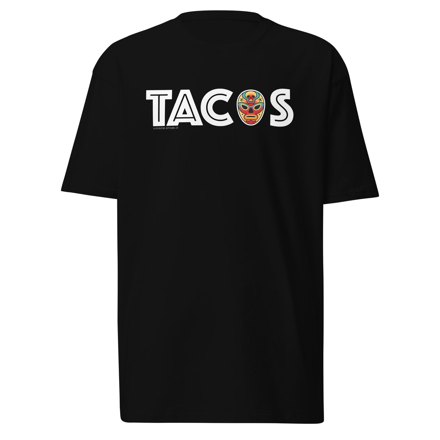 Black "TACOS" T-shirt with white text and a colorful luchador mask.