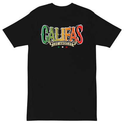 Detailed view of the "Califas Los Angeles" graphic on black T-shirt.