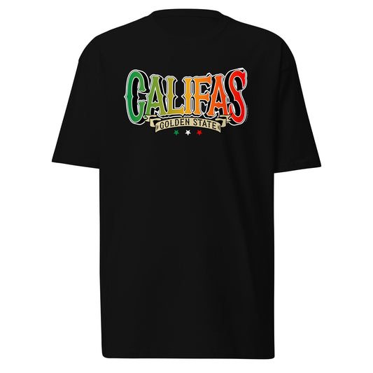 "Califas" T-shirt with bold design and Mexican flag colors on black background.