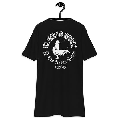 "El Gallo Negro Y Los Vatos Locos Forever" T-shirt featuring classic Chicano text design.