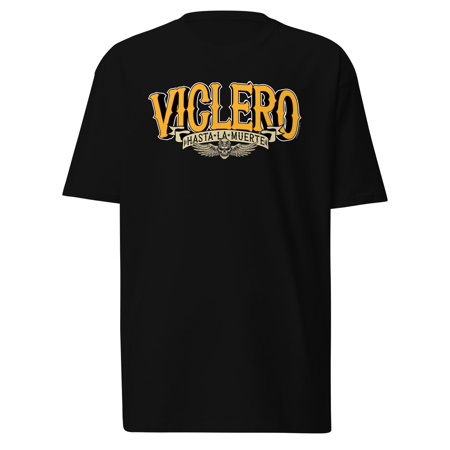 Front view of "Viclero Hasta La Muerte" T-shirt with skull and wings graphic