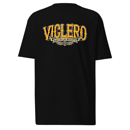 Front view of "Viclero Hasta La Muerte" T-shirt with skull and wings graphic