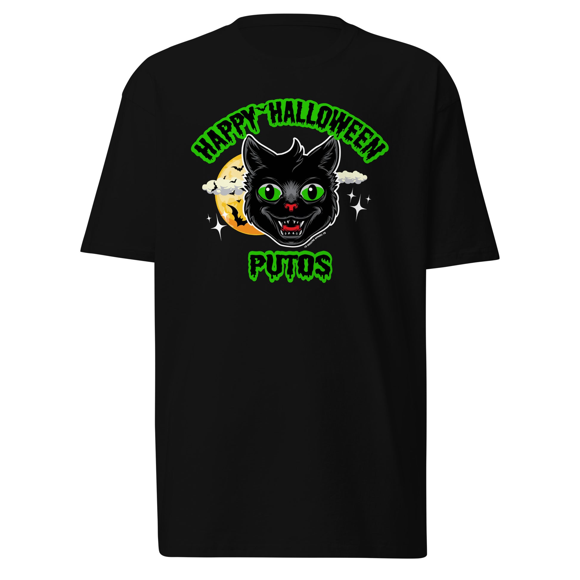Flat lay of Happy Halloween Putos Men's T-Shirt with black cat graphic – Funny Halloween T-Shirt, Sarcastic Halloween Shirt, Black Cat Tee.