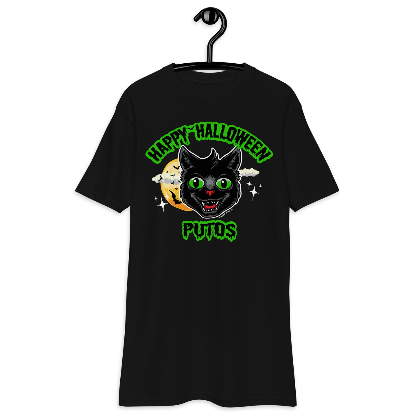 Happy Halloween Putos Men's T-Shirt hanging on a hanger, showcasing black cat graphic – Funny Halloween T-Shirt, Halloween Humor Clothing, Comfortable Halloween T-Shirt.