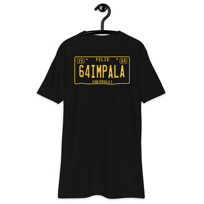 Black "64 Impala" T-shirt with a yellow California license plate design.