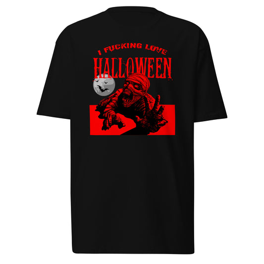 Flat lay of I Fucking Love Halloween Men's T-Shirt with red and black mummy graphic – Funny Halloween T-Shirt, Halloween Graphic Tee, Spooky Shirt.