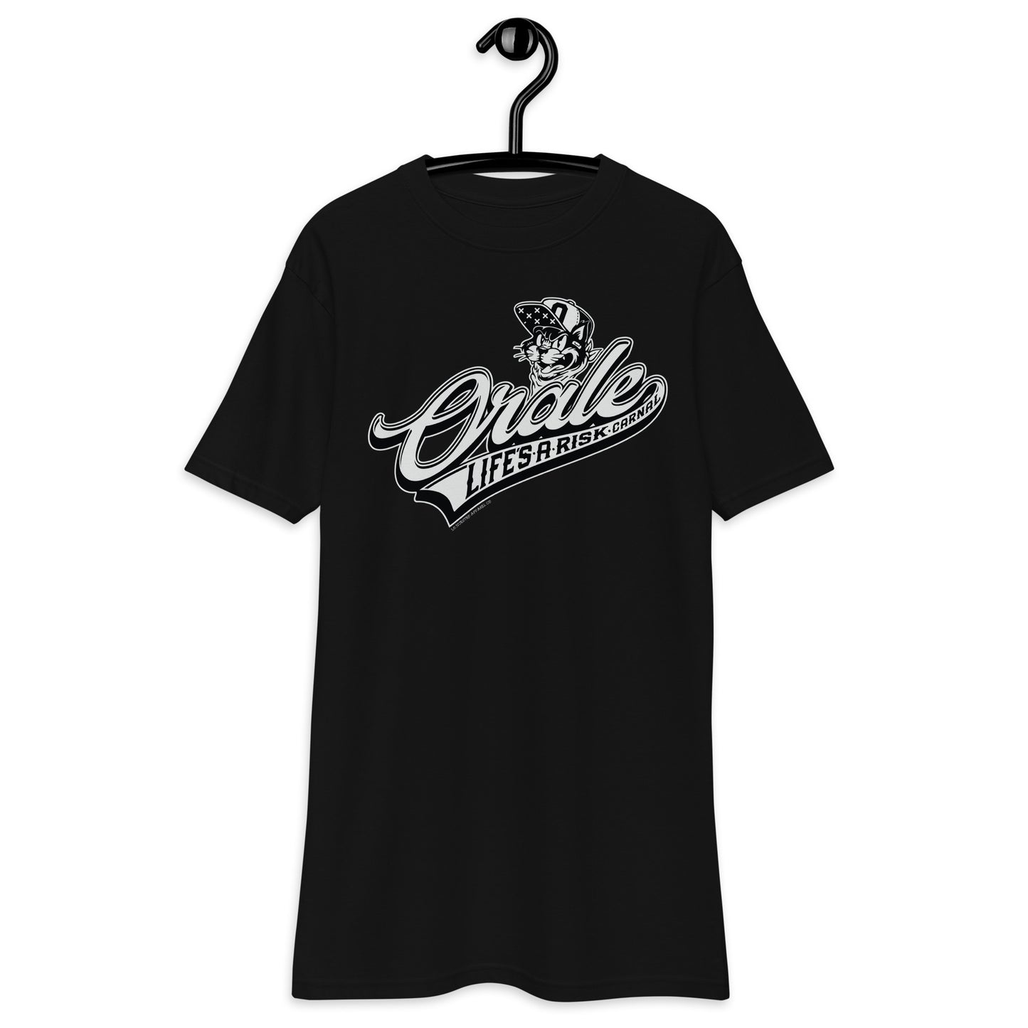 Front view of black "Órale Life's a Risk Carnal" T-shirt featuring classic baseball swoosh design.