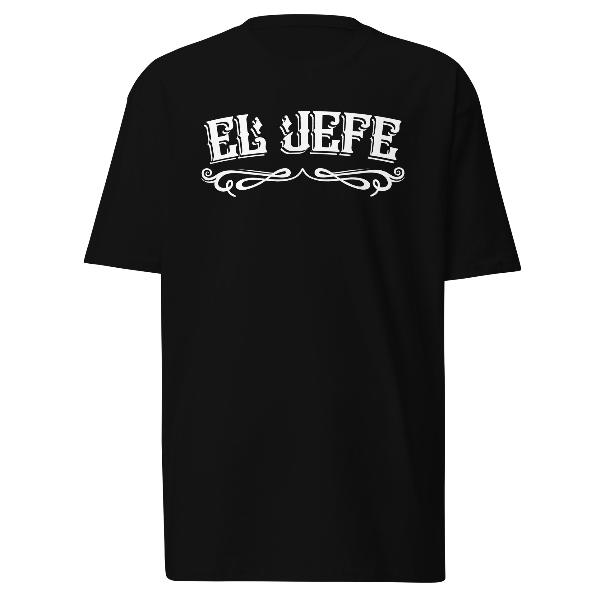 Front view of black "El Jefe" T-shirt featuring classic Chicano text design.