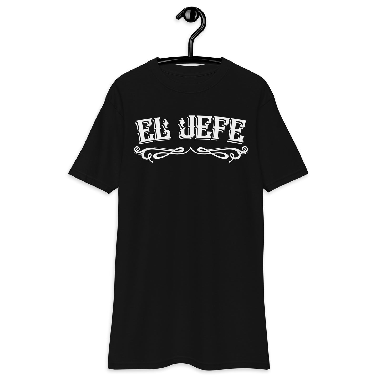 Front view of black "El Jefe" T-shirt featuring classic Chicano text design.
