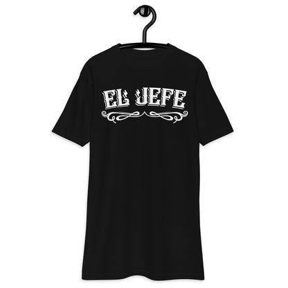 Front view of black "El Jefe" T-shirt featuring classic Chicano text design.