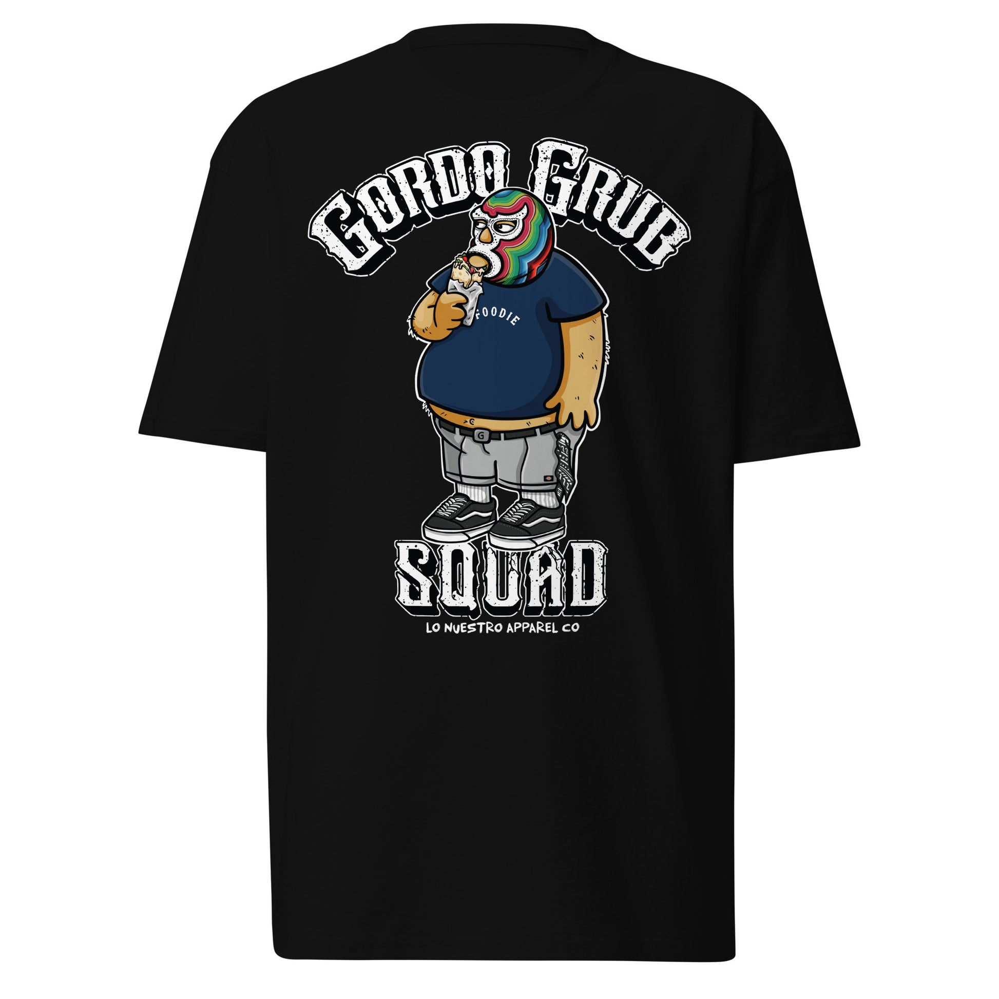 Front view of "Gordo Grub Squad" T-shirt with graphic design