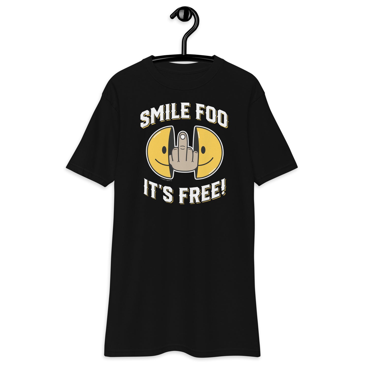 Front view of the Smile Foo It's Free Funny T-Shirt on a hanger.