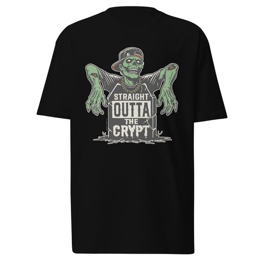 Front view of a black t-shirt featuring the 'Straight Outta the Crypt' zombie design with desaturated colors, laid out flat.