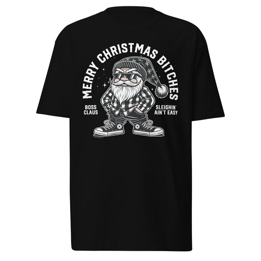 Black t-shirt mockup featuring the design 'Merry Christmas Bitches,' with a cool Santa in a plaid shirt and sunglasses, standing in a street pose, laid flat on a white background.