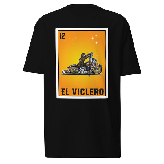 El Viclero men's t-shirt featuring a Loteria card-inspired design of a biker riding a custom chopper motorcycle against a bright orange background.