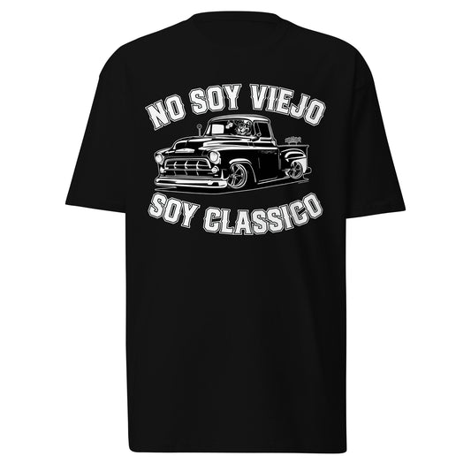 Front view of No Soy Viejo, Soy Classico T-Shirt in black, featuring a vintage truck graphic and bold lettering.