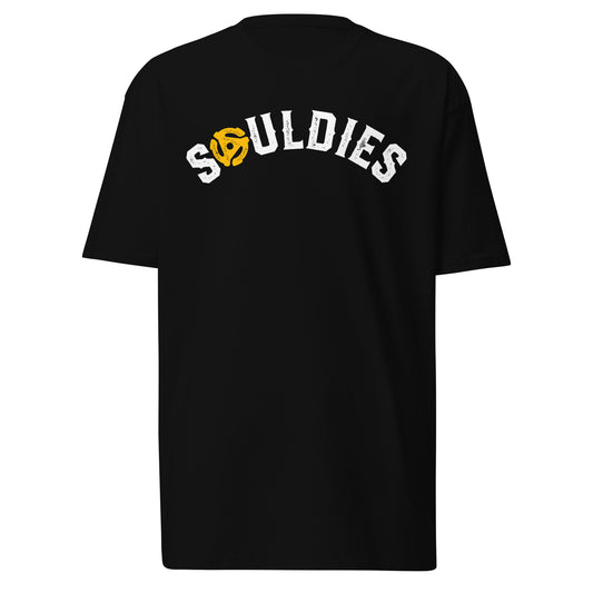 Black t-shirt laid flat showcasing a distressed text based design that says, Souldies.
