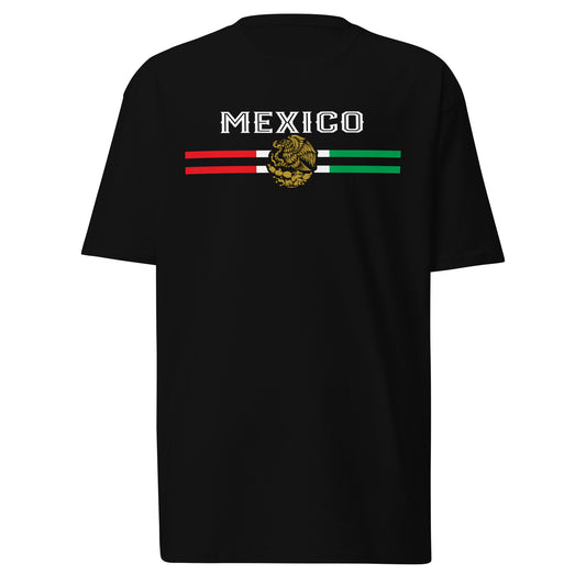 Black t-shirt laid flat showcasing a text based design that says, Mexico.