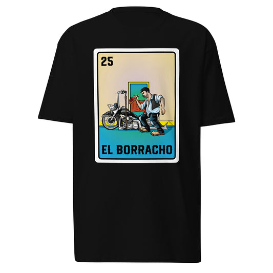 A black tshirt laid flat with a Mexican Loteria card on the front depicting the El Borracho Card.