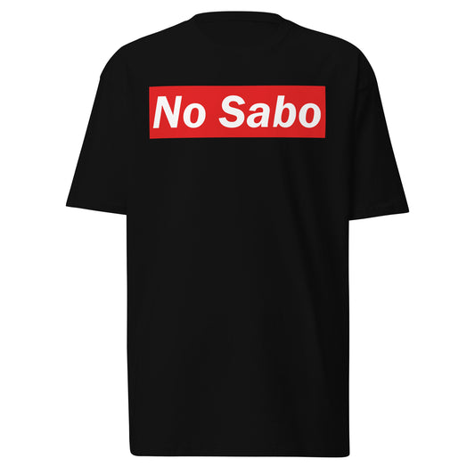 Black t-shirt featuring the bold 'No Sabo' design in white text on a red rectangular background.