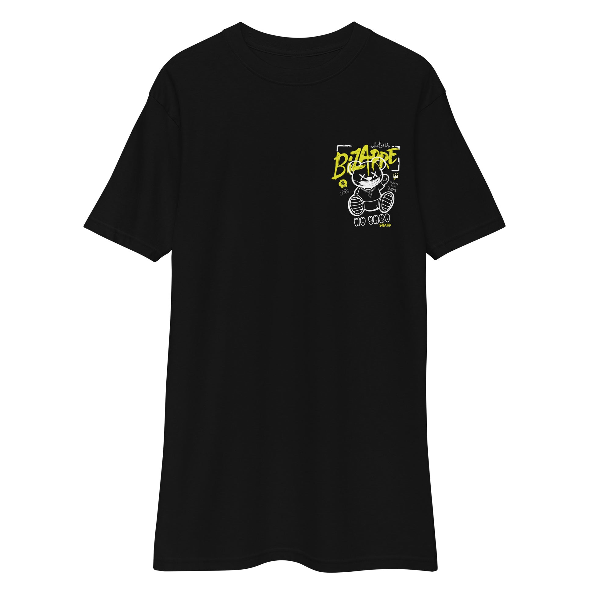 Front view of a black t-shirt featuring a small graffiti-inspired bear graphic with neon yellow and white text on the chest.